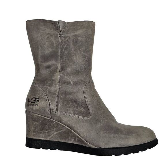 UGG Joely Wedge Boot 1012528 Gray Leather Zip Waterproof Lined Boots Size 7 - Picture 1 of 12
